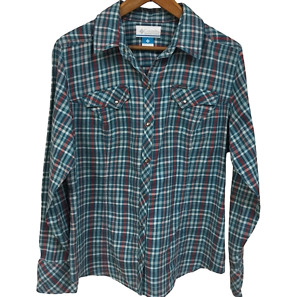 COLUMBIA sz Large Women’s Blouse Pearl Snap Long Sleeve Plaid Blue